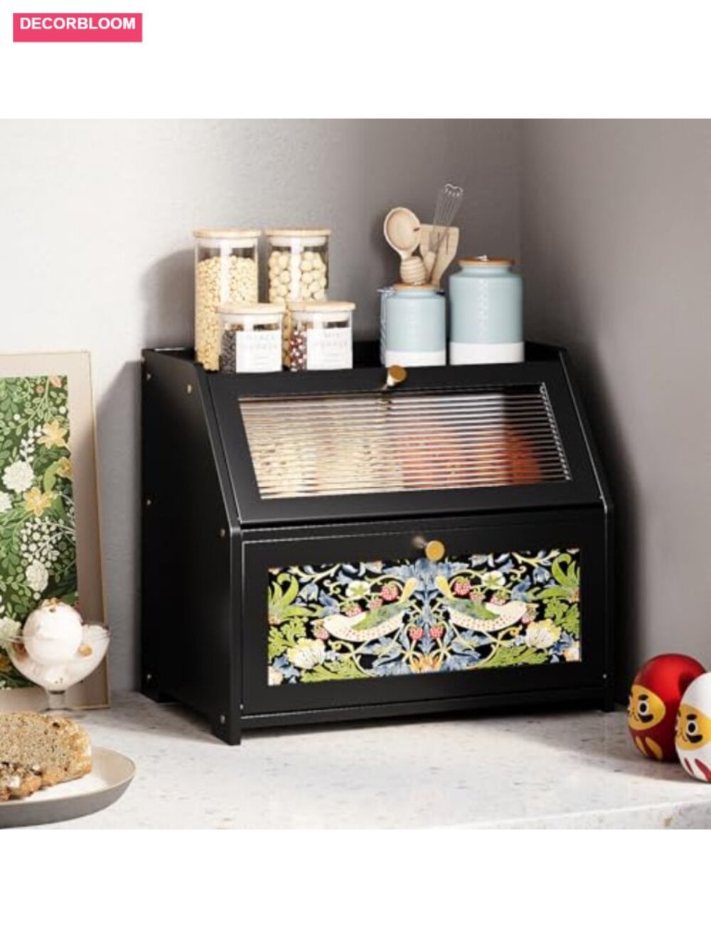 Bamboo Bread Box with Acrylic Door, 2 Layer, Farmhouse Design, Magnetic - Picture 3 of 6